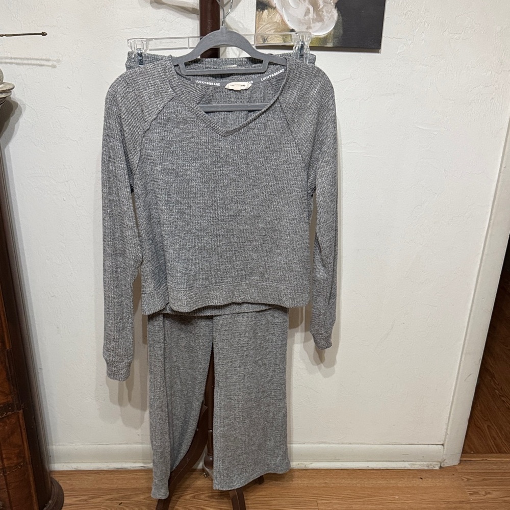 Lucky Brand Cozy Heather Gray Knit Lounge Set - V-Neck Top & Wide Leg Pants